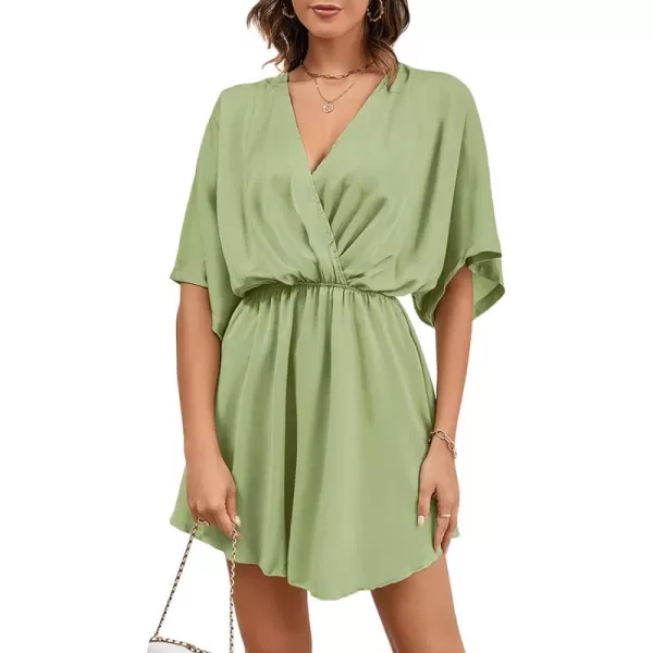 LYANER Women's Satin V Neck Twist Ruffle Flowy Swing Short Sleeve Elegant Mini Dress