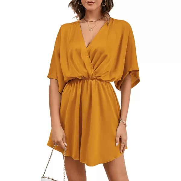 LYANER Women's Satin V Neck Twist Ruffle Flowy Swing Short Sleeve Elegant Mini Dress