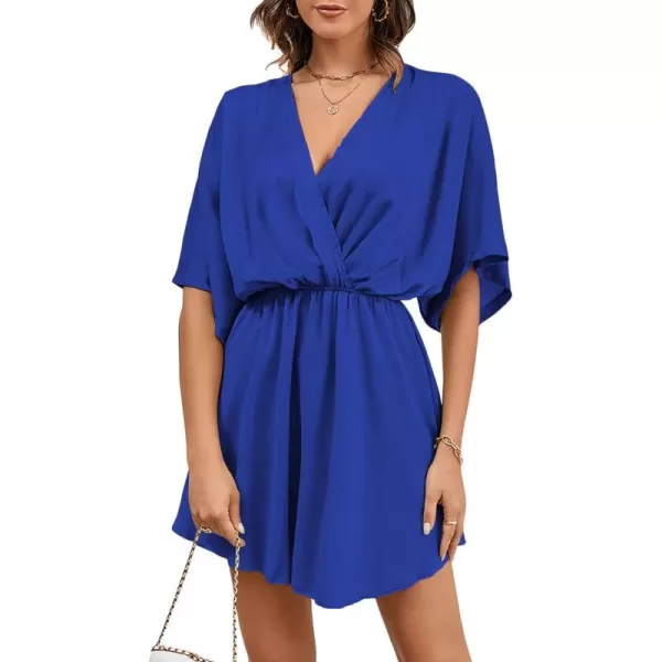 LYANER Women's Satin V Neck Twist Ruffle Flowy Swing Short Sleeve Elegant Mini Dress