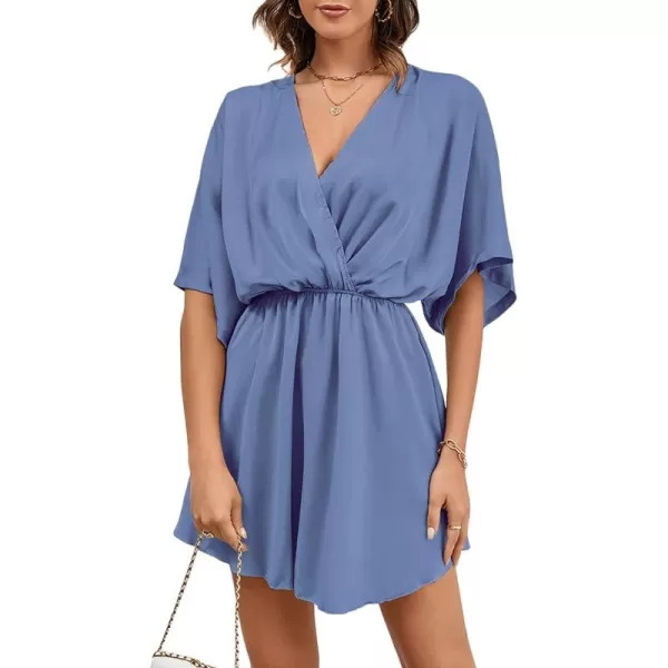 LYANER Women's Satin V Neck Twist Ruffle Flowy Swing Short Sleeve Elegant Mini Dress