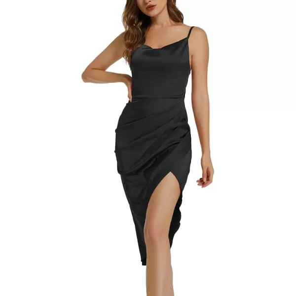 LYANER Women's Satin Wrap Ruched Bodycon Spaghetti Strap Club Party Midi Dress