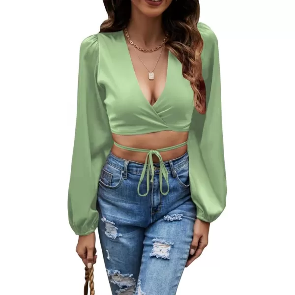 LYANER Women's Satin Wrap V Neck Criss Cross Tie Long Sleeve Crop Blouse Top