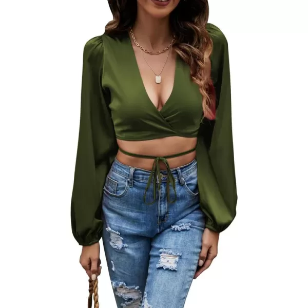 LYANER Women's Satin Wrap V Neck Criss Cross Tie Long Sleeve Crop Blouse Top