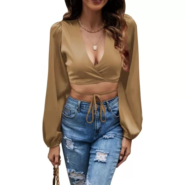 LYANER Women's Satin Wrap V Neck Criss Cross Tie Long Sleeve Crop Blouse Top