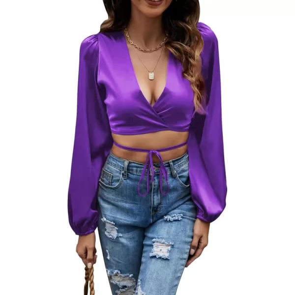 LYANER Women's Satin Wrap V Neck Criss Cross Tie Long Sleeve Crop Blouse Top