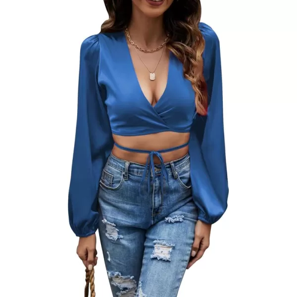 LYANER Women's Satin Wrap V Neck Criss Cross Tie Long Sleeve Crop Blouse Top