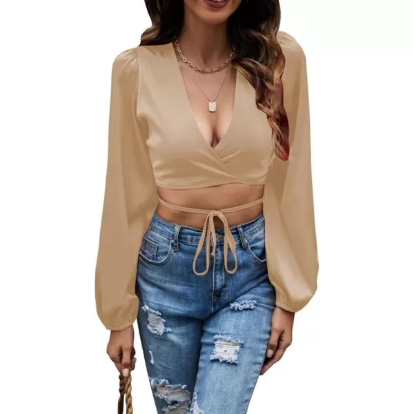 LYANER Women's Satin Wrap V Neck Criss Cross Tie Long Sleeve Crop Blouse Top