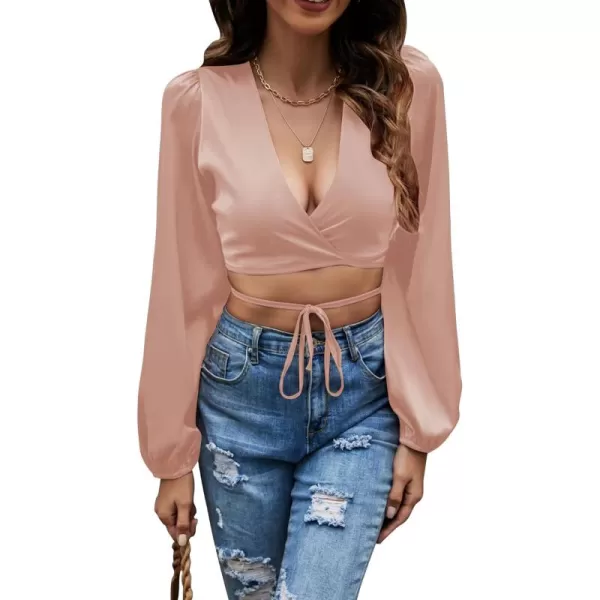 LYANER Women's Satin Wrap V Neck Criss Cross Tie Long Sleeve Crop Blouse Top