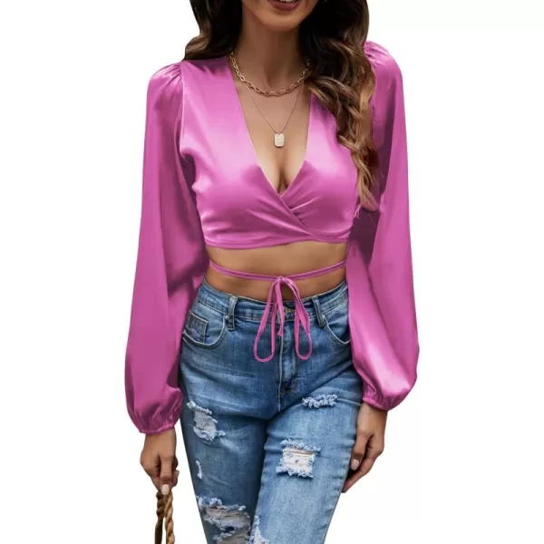 LYANER Women's Satin Wrap V Neck Criss Cross Tie Long Sleeve Crop Blouse Top