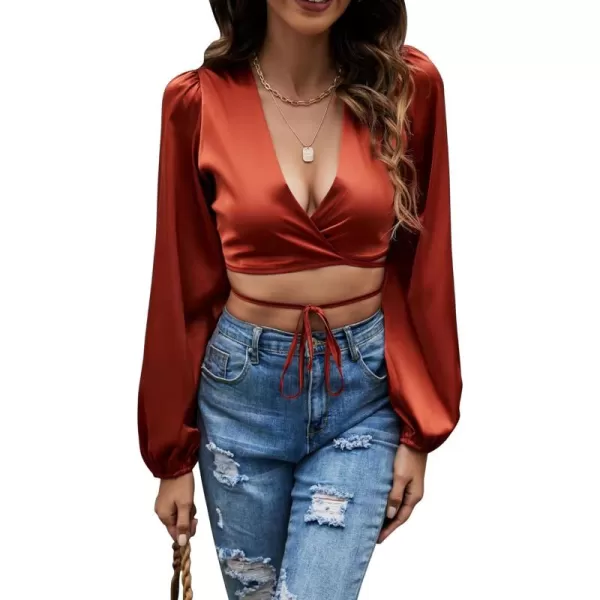 LYANER Women's Satin Wrap V Neck Criss Cross Tie Long Sleeve Crop Blouse Top