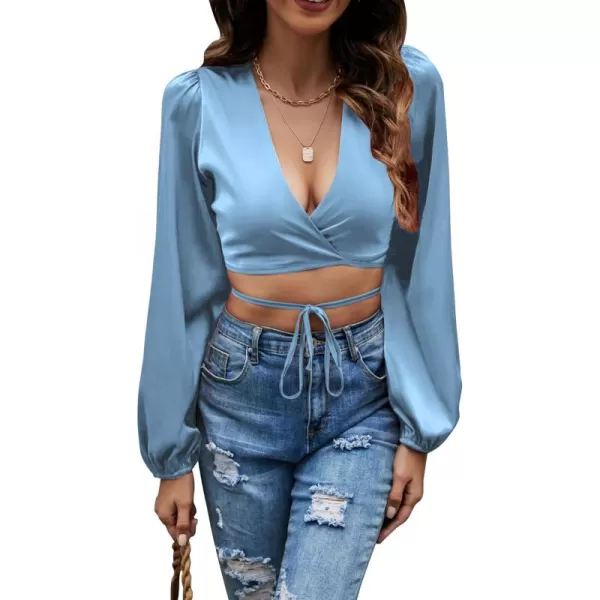 LYANER Women's Satin Wrap V Neck Criss Cross Tie Long Sleeve Crop Blouse Top