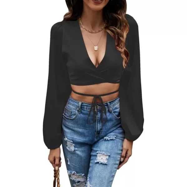 LYANER Women's Satin Wrap V Neck Criss Cross Tie Long Sleeve Crop Blouse Top