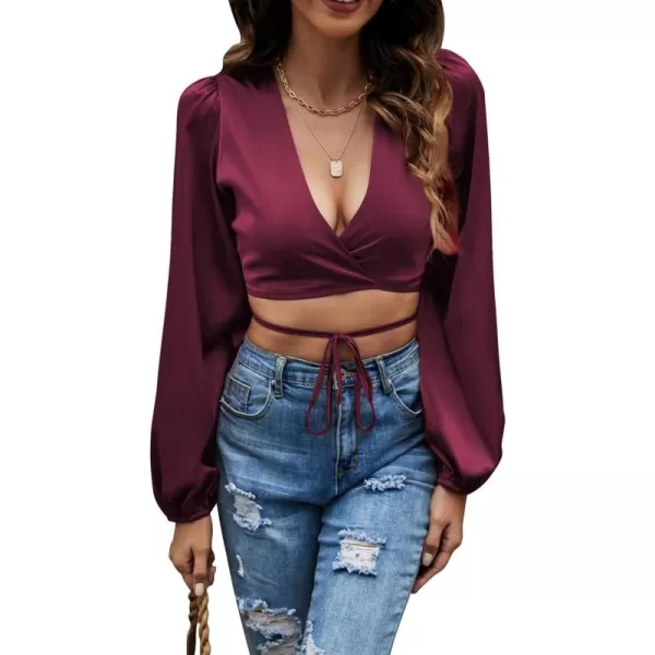 LYANER Women's Satin Wrap V Neck Criss Cross Tie Long Sleeve Crop Blouse Top