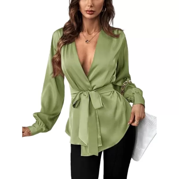 LYANER Women's Satin Wrap V Neck Tie Waist Long Sleeve Cardigan Blouse Top Shirt