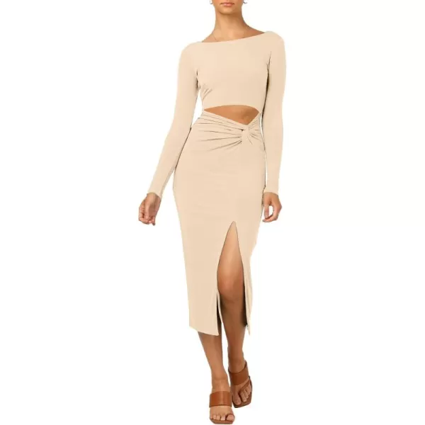 LYANER Women's Scoop Neck Cut Out Long Sleeve Split Hem Bodycon Midi Dress