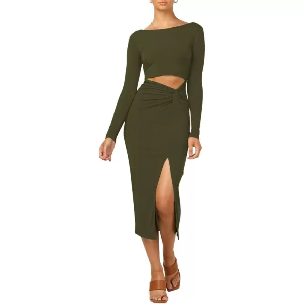 LYANER Women's Scoop Neck Cut Out Long Sleeve Split Hem Bodycon Midi Dress