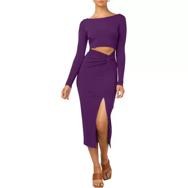 LYANER Women's Scoop Neck Cut Out Long Sleeve Split Hem Bodycon Midi Dress