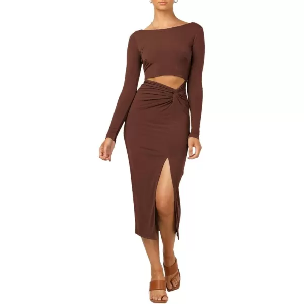 LYANER Women's Scoop Neck Cut Out Long Sleeve Split Hem Bodycon Midi Dress