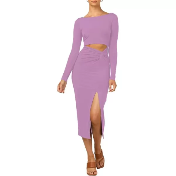 LYANER Women's Scoop Neck Cut Out Long Sleeve Split Hem Bodycon Midi Dress
