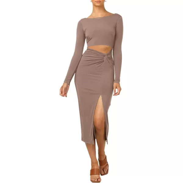 LYANER Women's Scoop Neck Cut Out Long Sleeve Split Hem Bodycon Midi Dress
