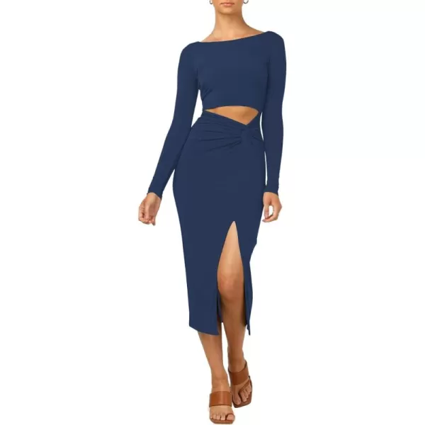 LYANER Women's Scoop Neck Cut Out Long Sleeve Split Hem Bodycon Midi Dress
