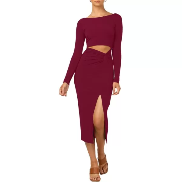 LYANER Women's Scoop Neck Cut Out Long Sleeve Split Hem Bodycon Midi Dress