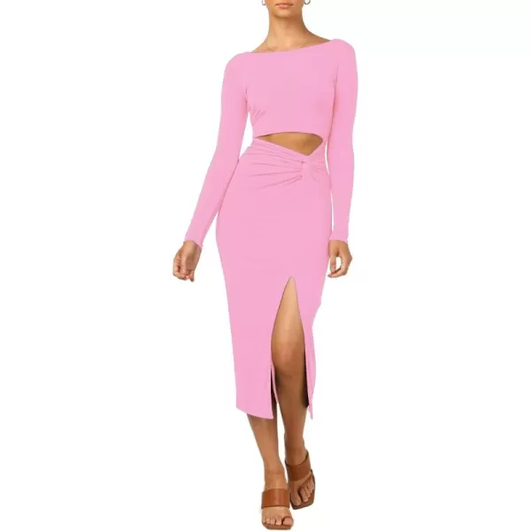 LYANER Women's Scoop Neck Cut Out Long Sleeve Split Hem Bodycon Midi Dress