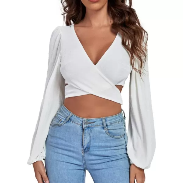 LYANER Women's Self Tie Wrap Front Criss Cross V Neck Long Sleeve Crop Top Blouse Shirt