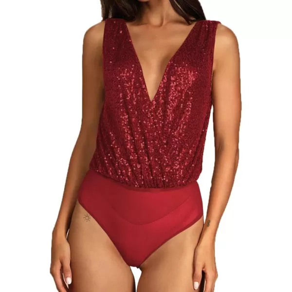 LYANER Women's Sequin Wraped V Neck Cowl Back Sleeveless Leotard Bodysuit Top