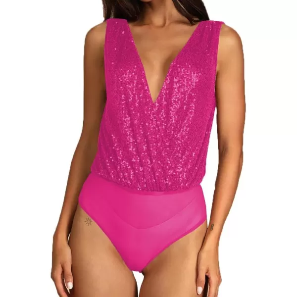 LYANER Women's Sequin Wraped V Neck Cowl Back Sleeveless Leotard Bodysuit Top