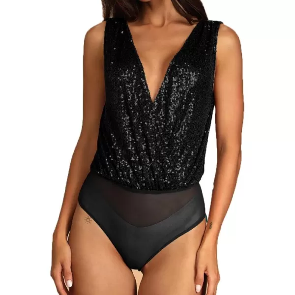LYANER Women's Sequin Wraped V Neck Cowl Back Sleeveless Leotard Bodysuit Top