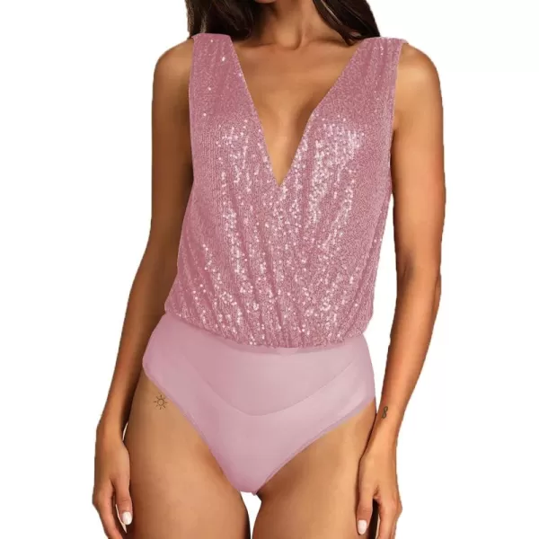 LYANER Women's Sequin Wraped V Neck Cowl Back Sleeveless Leotard Bodysuit Top
