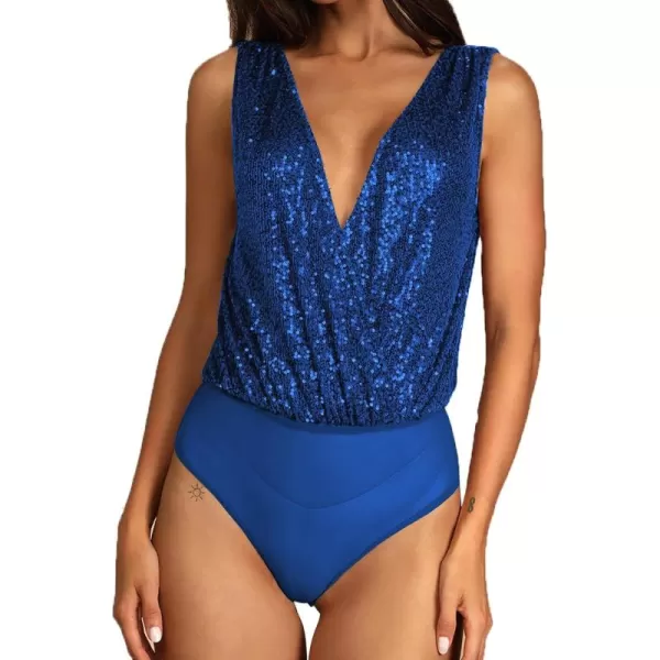 LYANER Women's Sequin Wraped V Neck Cowl Back Sleeveless Leotard Bodysuit Top