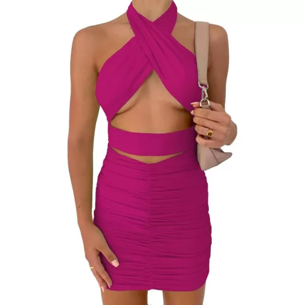LYANER Women's Sexy Criss Cross Cut Out Sleeveless Bodycon Ruched Halter Mini Club Dress