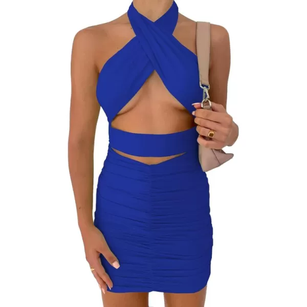 LYANER Women's Sexy Criss Cross Cut Out Sleeveless Bodycon Ruched Halter Mini Club Dress