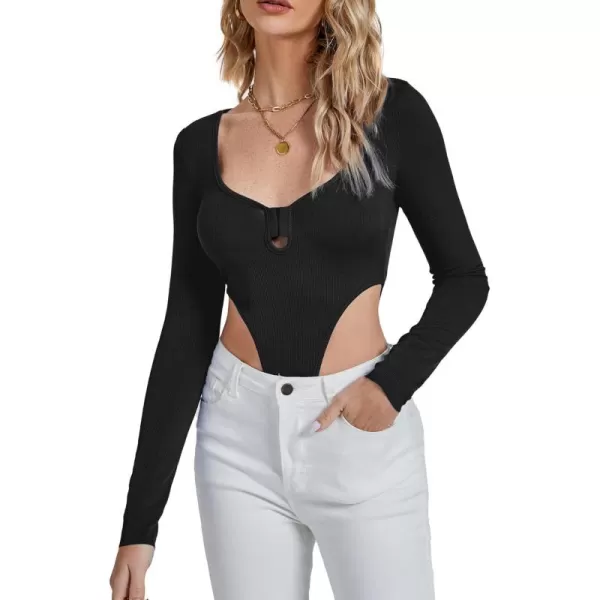 LYANER Women's Sexy Cut Out Sweetheart Neck Slim Fit Ribbed Knit Long Sleeve Bodysuit Leotard Top