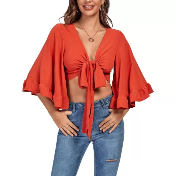 LYANER Women's Sexy Deep V Neck Tie Front Knot 3/4 Flounce Sleeve Wrap Crop Top Blouse