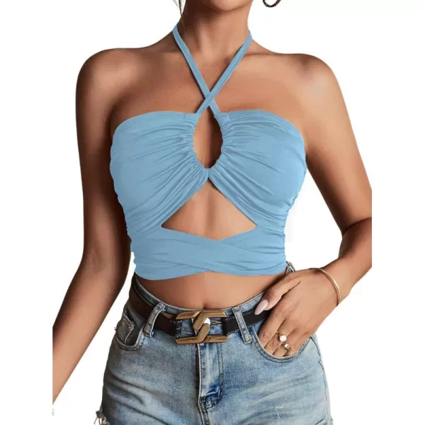 LYANER Women's Sexy Halter Ruched Criss Cross Cut Out Sleeveless Tie Back Cami Crop Tops