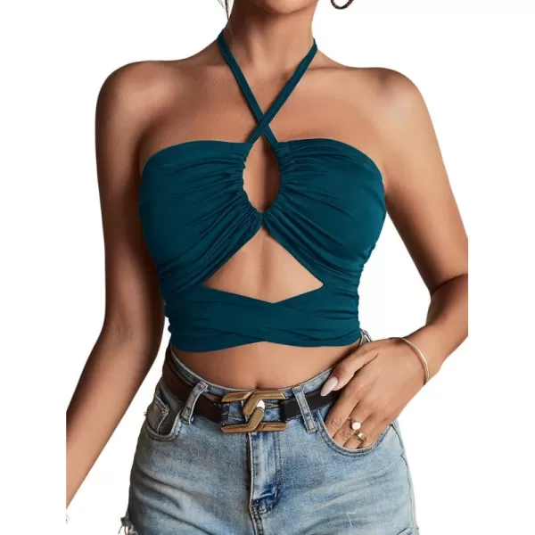 LYANER Women's Sexy Halter Ruched Criss Cross Cut Out Sleeveless Tie Back Cami Crop Tops