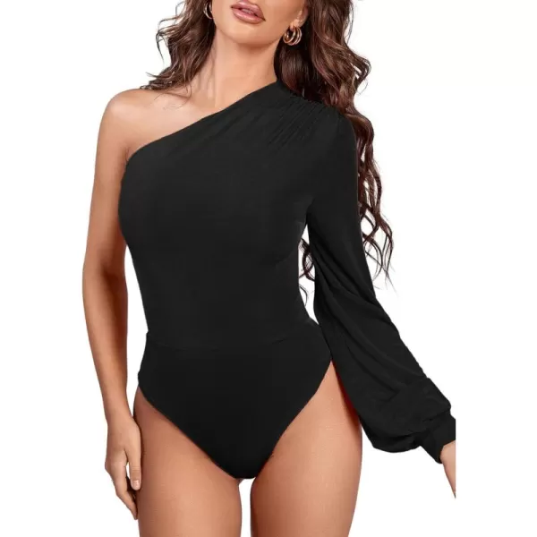 LYANER Women's Sexy Off One Shoulder Ruched Lantern Long Sleeve Bodysuit Stretchy Leotard Tops