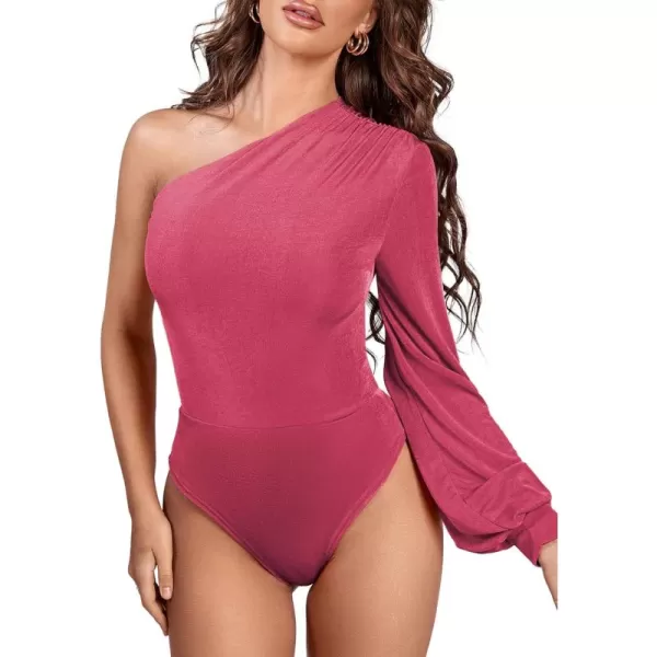 LYANER Women's Sexy Off One Shoulder Ruched Lantern Long Sleeve Bodysuit Stretchy Leotard Tops
