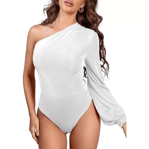LYANER Women's Sexy Off One Shoulder Ruched Lantern Long Sleeve Bodysuit Stretchy Leotard Tops