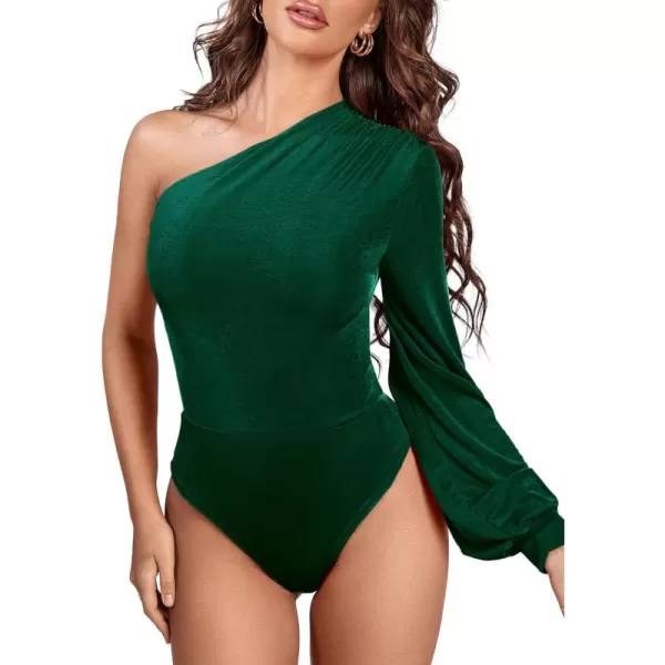 LYANER Women's Sexy Off One Shoulder Ruched Lantern Long Sleeve Bodysuit Stretchy Leotard Tops