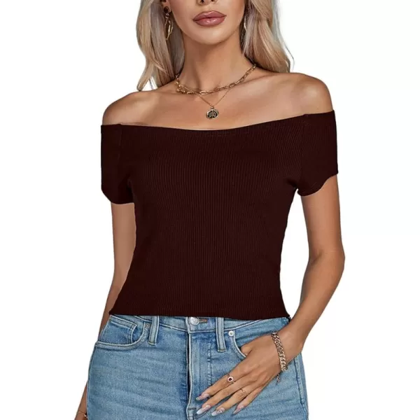 LYANER Women's Sexy Off Shoulder Ribbed Knit Short Sleeve Slim Fit Tee Crop Top Shirt