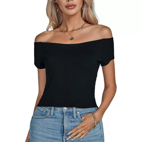 LYANER Women's Sexy Off Shoulder Ribbed Knit Short Sleeve Slim Fit Tee Crop Top Shirt