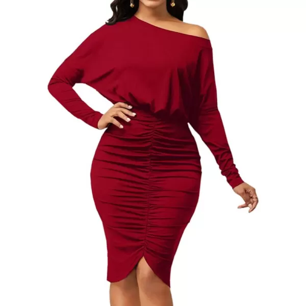 LYANER Women's Sexy Off Shoulder Ruched Elastic Waist Split Long Sleeve Bodycon Party Midi Dress