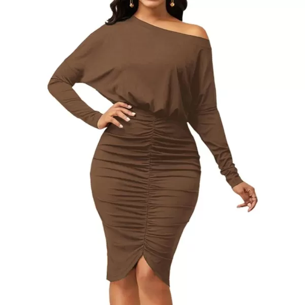 LYANER Women's Sexy Off Shoulder Ruched Elastic Waist Split Long Sleeve Bodycon Party Midi Dress