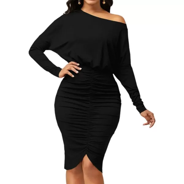 LYANER Women's Sexy Off Shoulder Ruched Elastic Waist Split Long Sleeve Bodycon Party Midi Dress