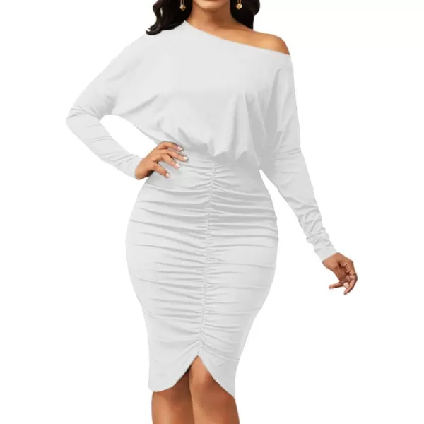 LYANER Women's Sexy Off Shoulder Ruched Elastic Waist Split Long Sleeve Bodycon Party Midi Dress