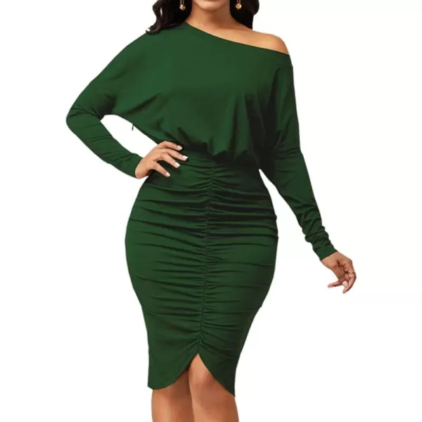 LYANER Women's Sexy Off Shoulder Ruched Elastic Waist Split Long Sleeve Bodycon Party Midi Dress